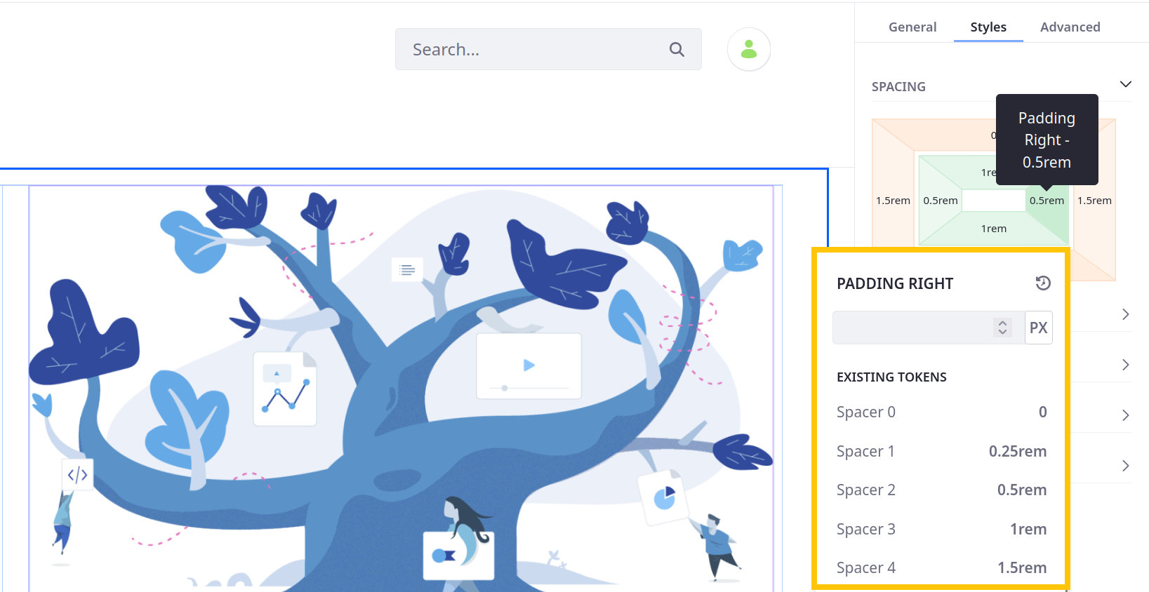 When you click any of the regions, choose the desired spacing from the list of sizes shown.