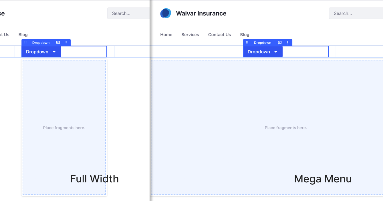 You can define the drop zone size in the Dropdown panel using the Panel Type options.