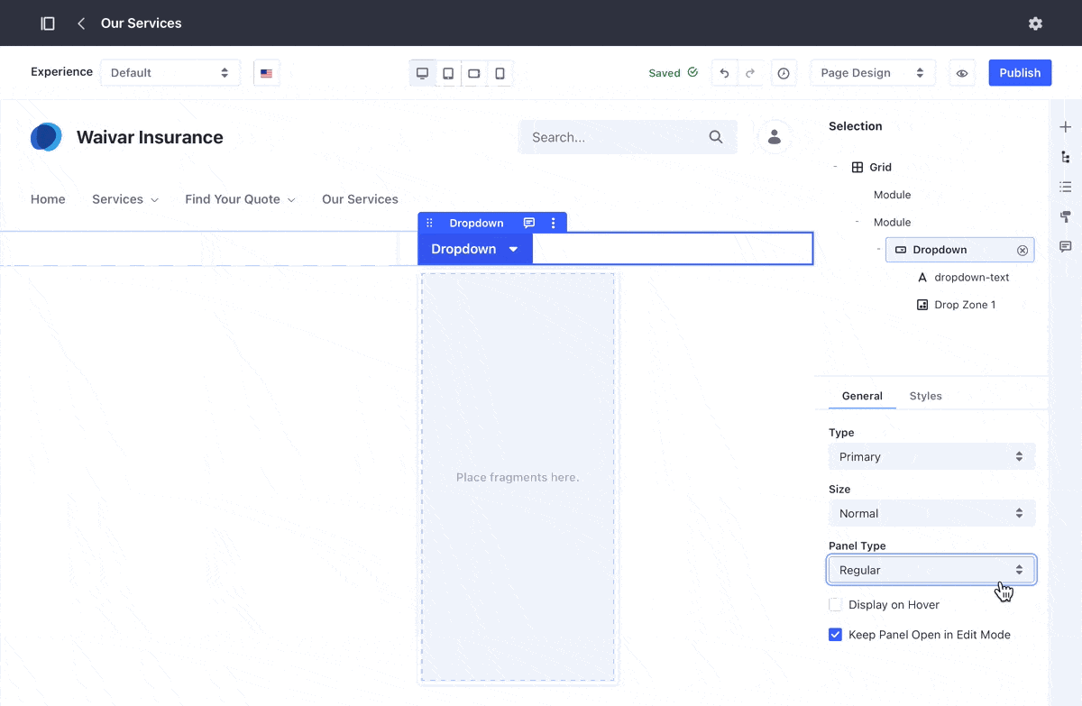 You can define the drop zone size in the Dropdown panel using the Panel Type options.