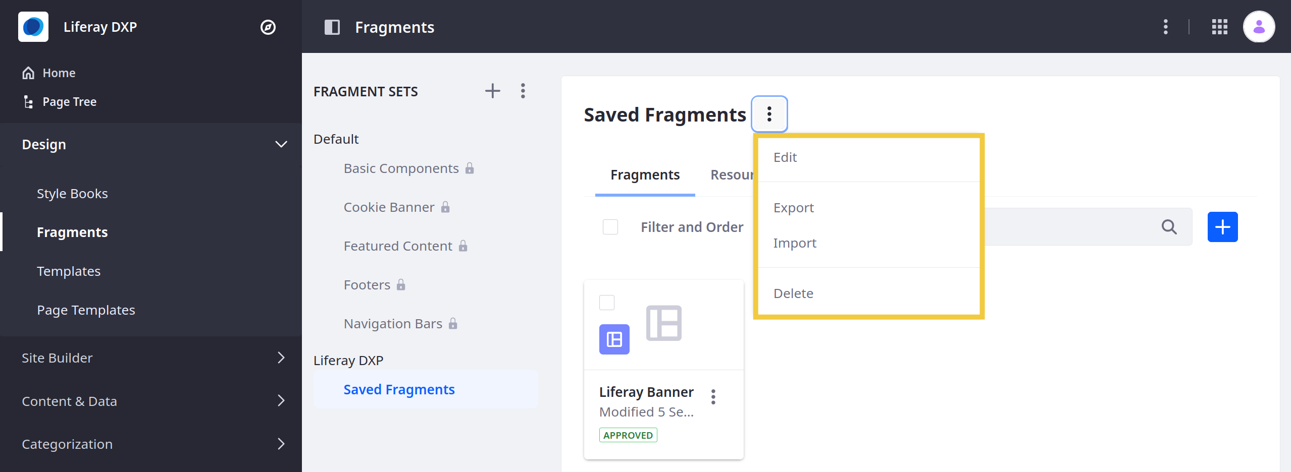 Click the fragment set's Actions button to access management options.