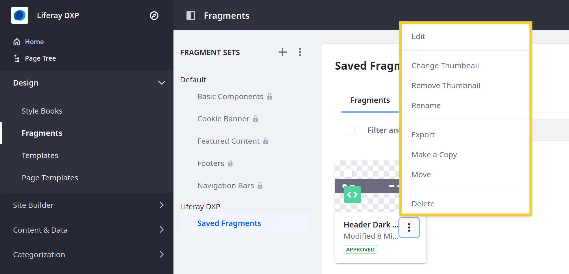 Click the fragment's Actions button to access fragment management options.