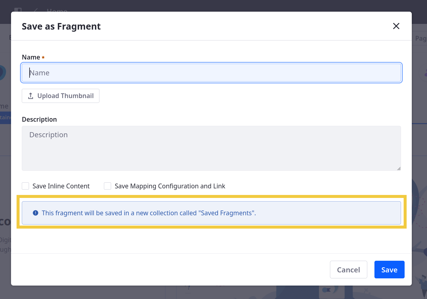 Provide the information for the Fragment composition in the dialog that appears.