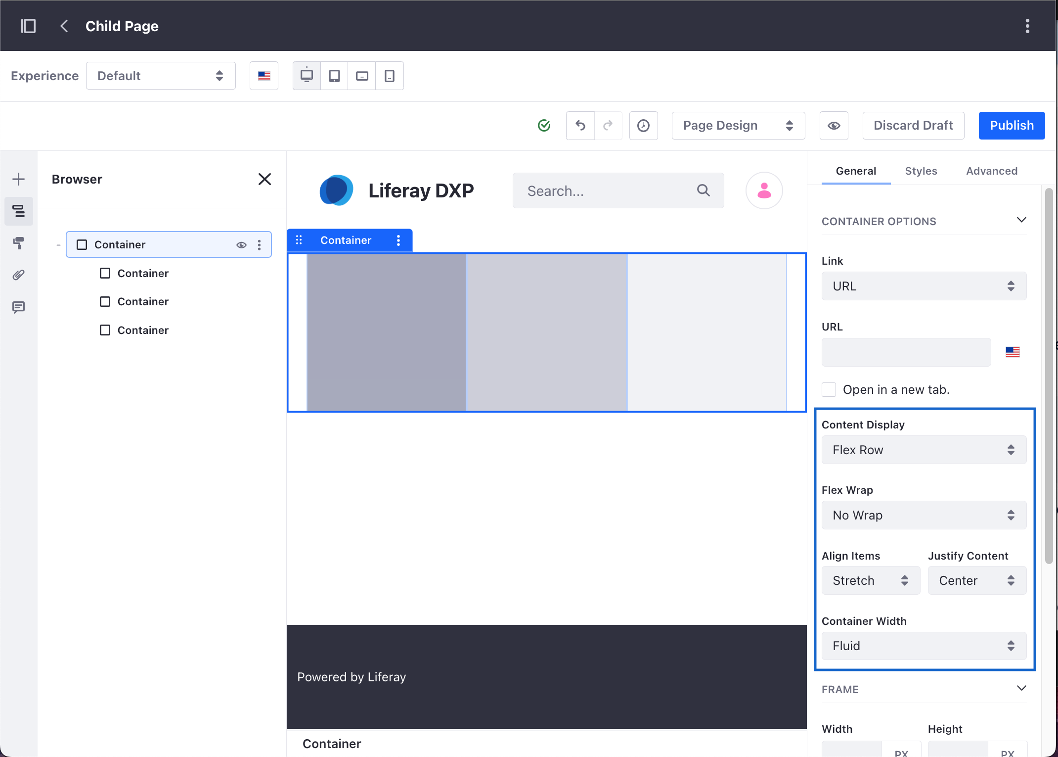 Select the container grouping the page elements you want to style using the Flex display options.