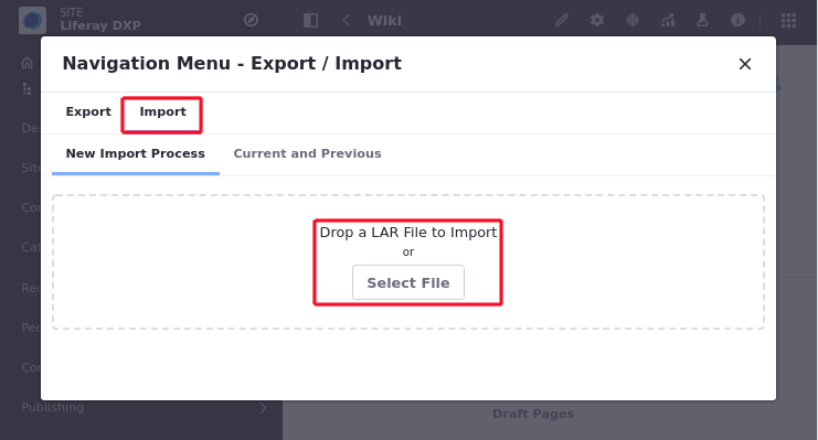 When importing widget data, you can choose a LAR file using the file explorer or drag and drop the file between the dotted lines.