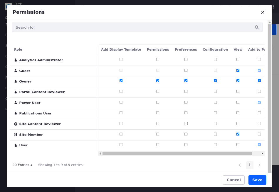 The permissions matrix makes configuration for a widget convenient.