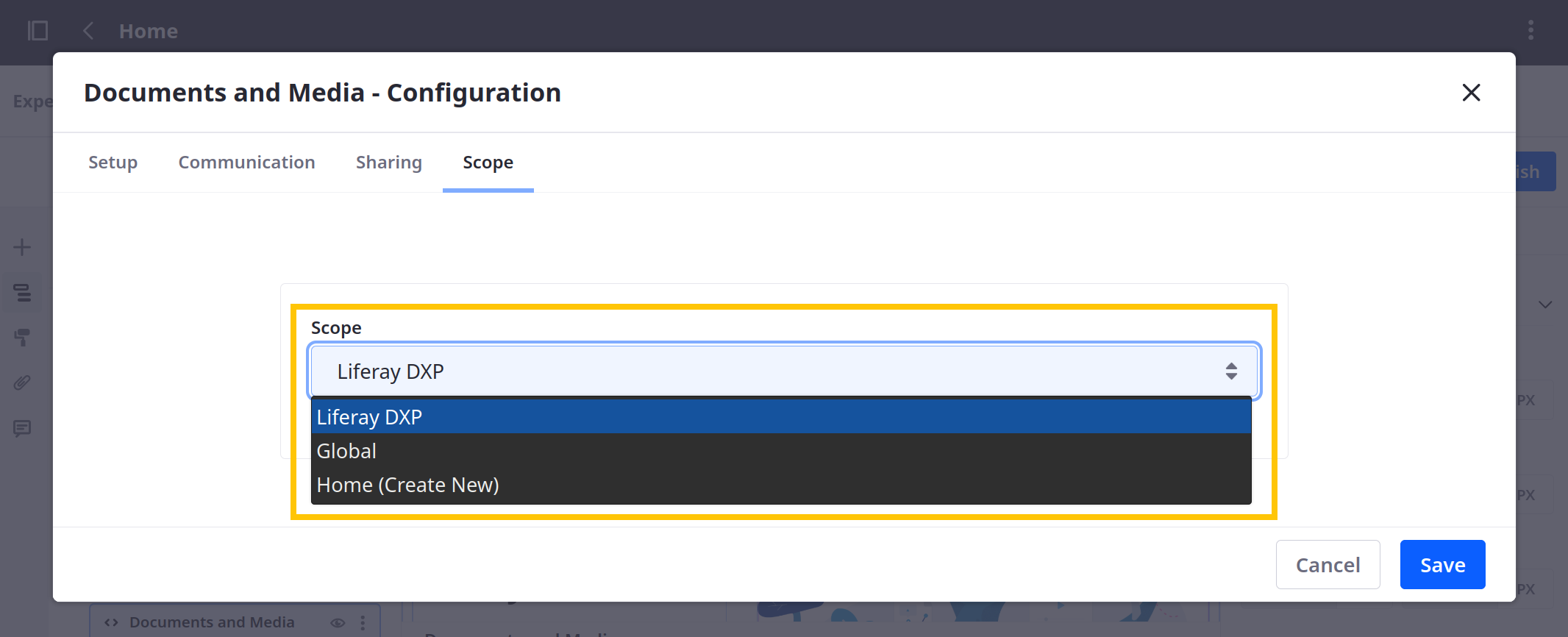 In the Scope tab, use the drop-down menu to select a scope.