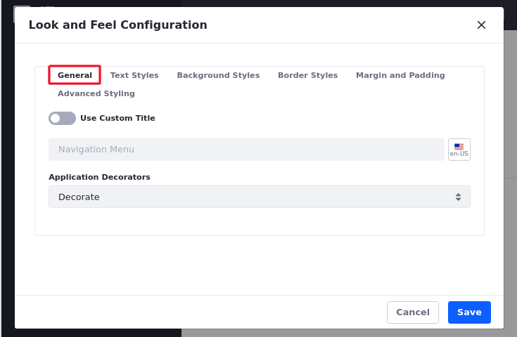 The General tab of the Look and Feel Configuration menu lets you define a custom widget title and select the widget contrast option using decorators.