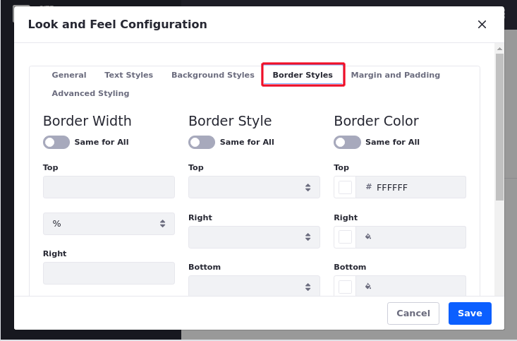 The Border Styles tab controls specifying a border width, style, and color for each side of the widget.