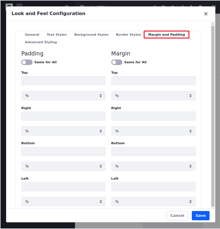 The Margin and Padding tab controls specifying margin and padding lengths for the sides of your widget.