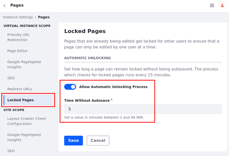 Set the automatic unlocking time in Instance Settings