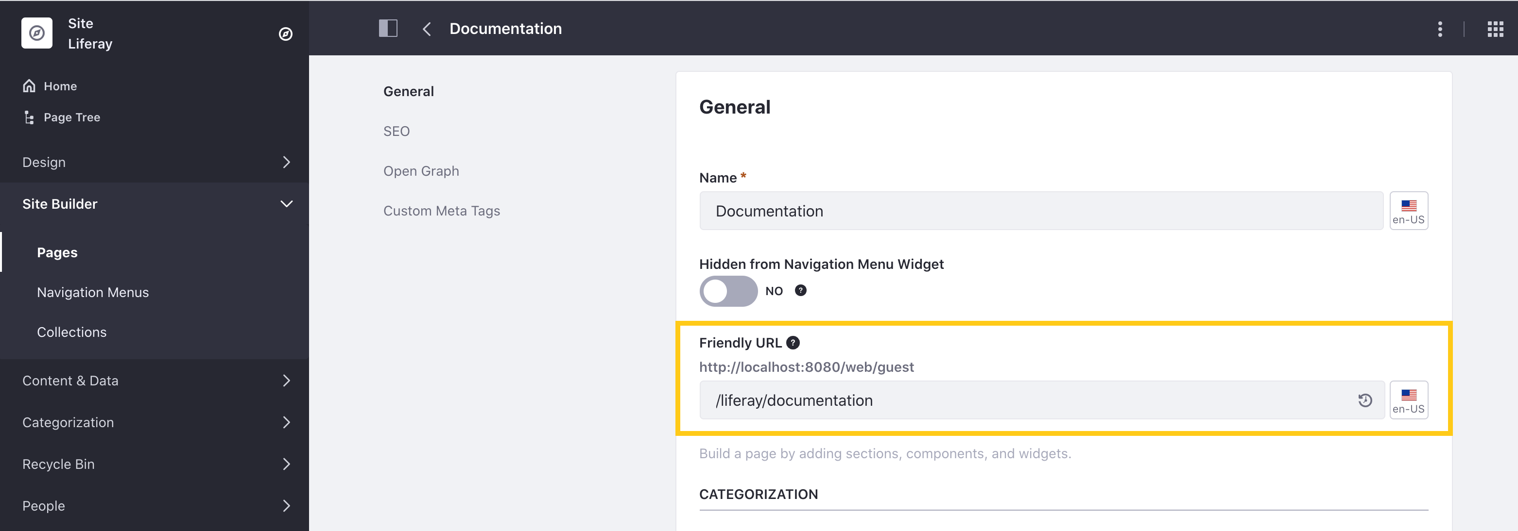 ［フレンドリURL］フィールドを使用して、ページのカスタムURLを設定します。