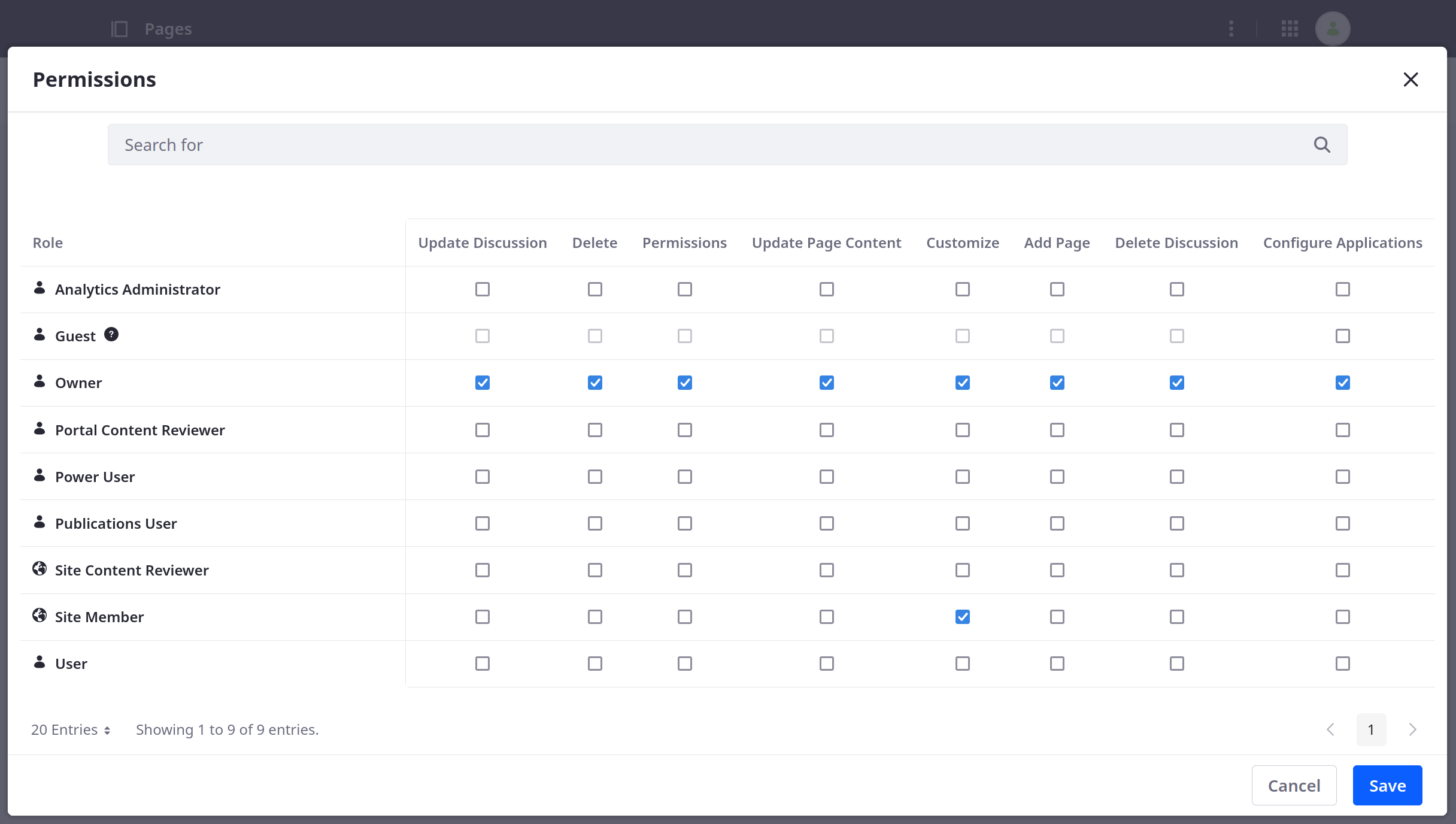 Permissions offer many options for each role.