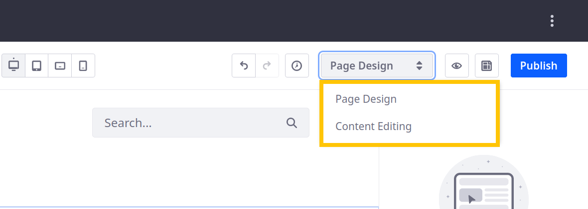Choose between Page Design or Content Editing editing modes.