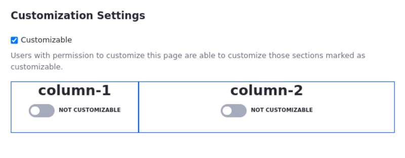 To enable page customizations, click on the Configure Page button next to the page, expand the Customization Settings area, and click on the Customizable button.