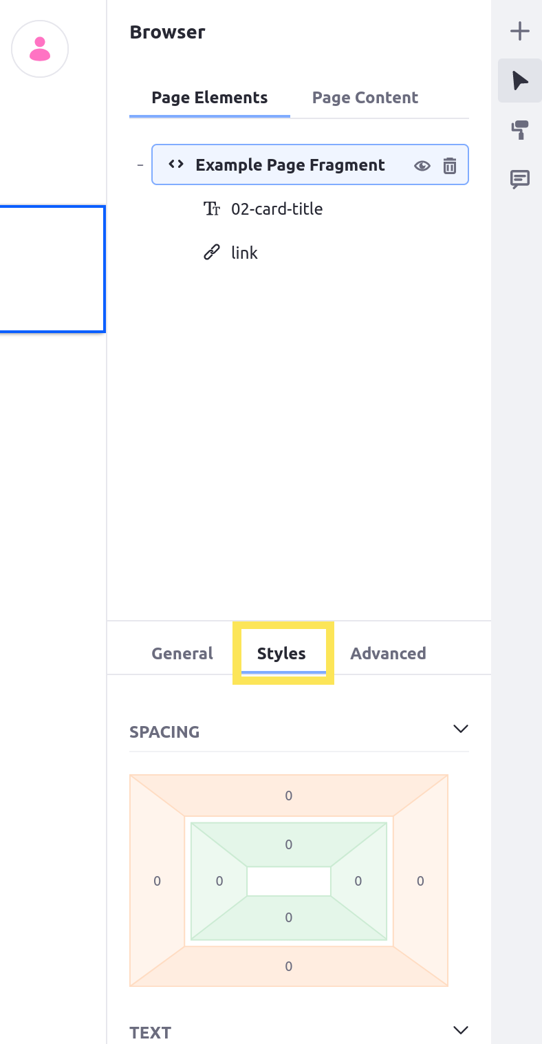 The Styles tab in the sidebar menu allows you to configure the styles per fragment on a page.