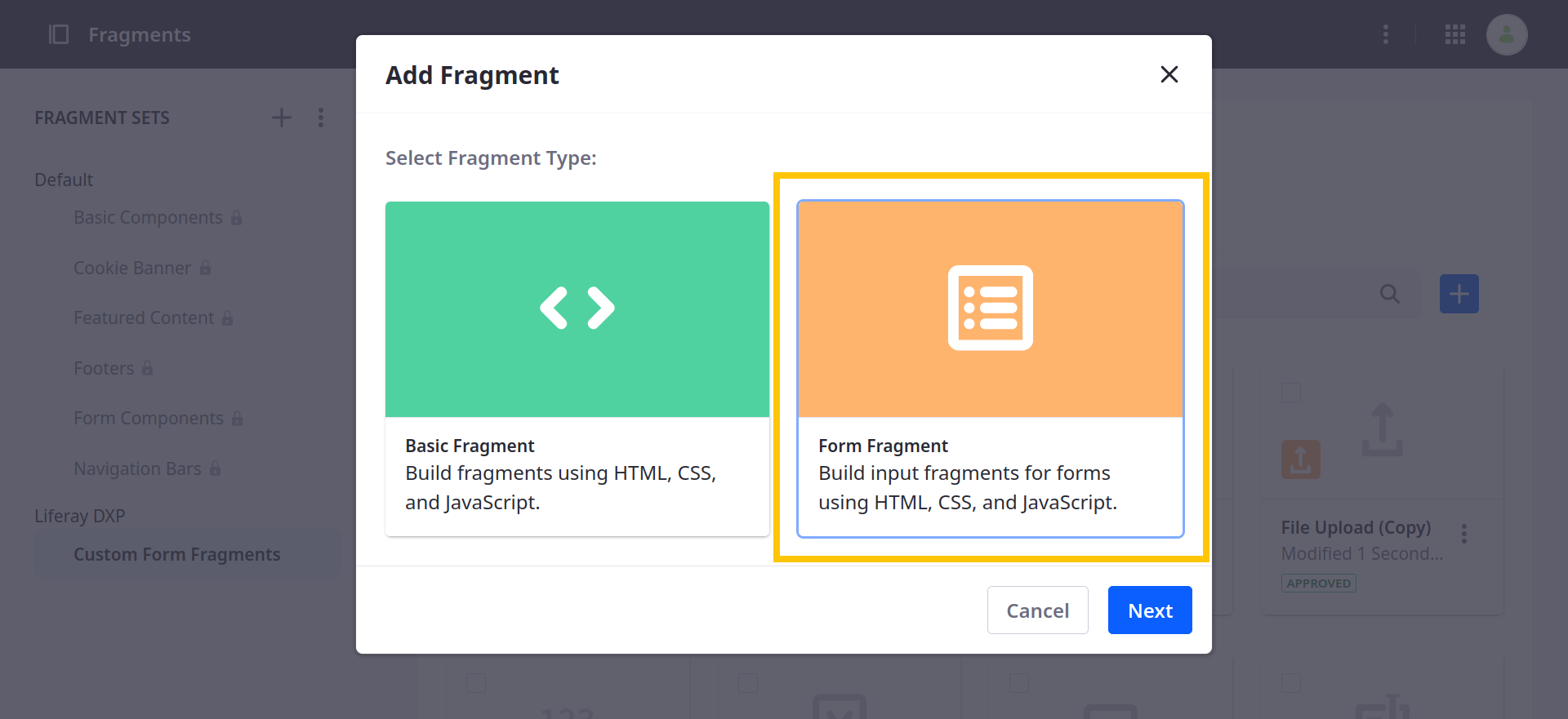 Select the form fragment type and click Next.