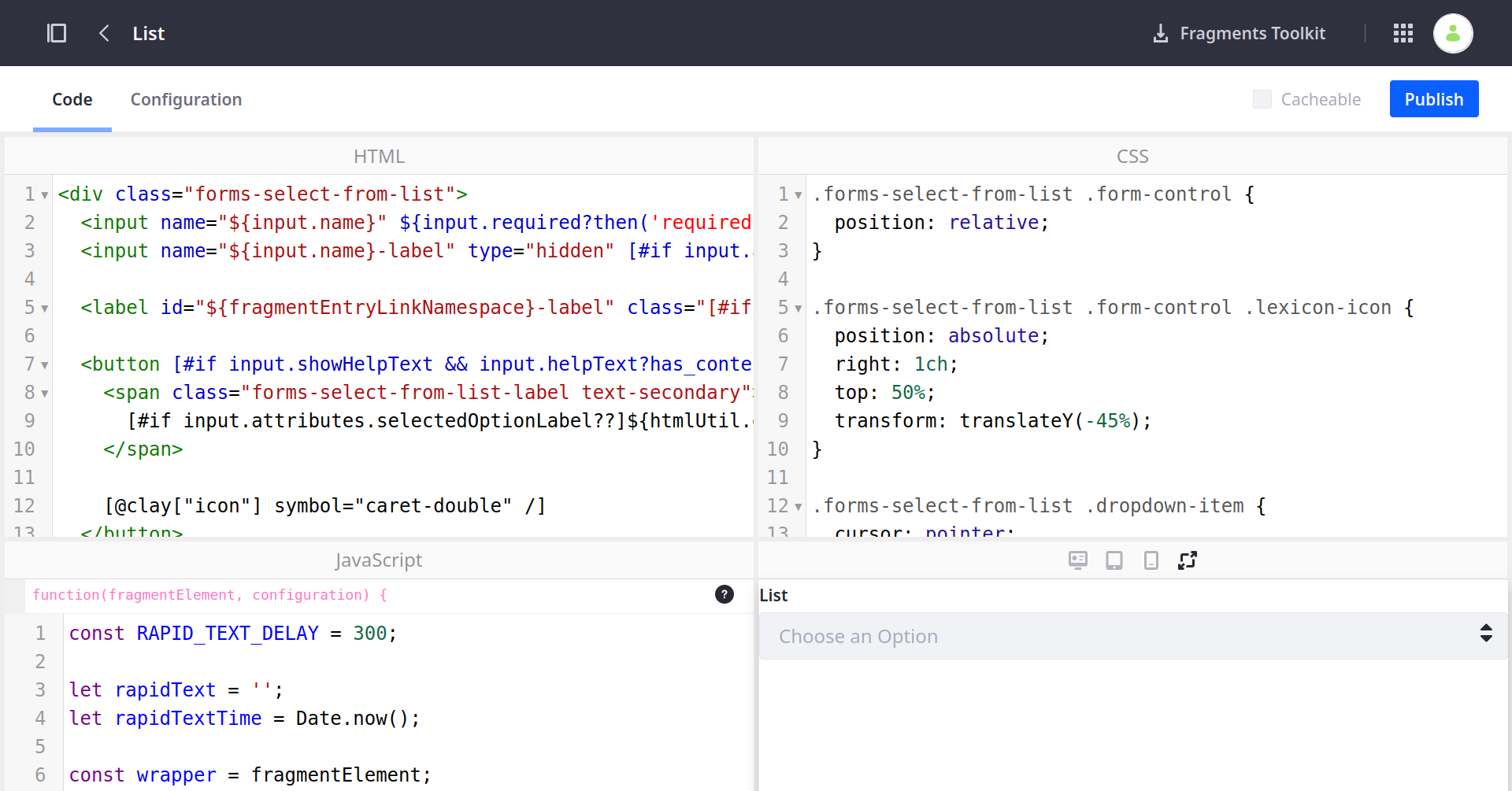 In the Code tab, add HTML, CSS, and JavaScript for your fragment.