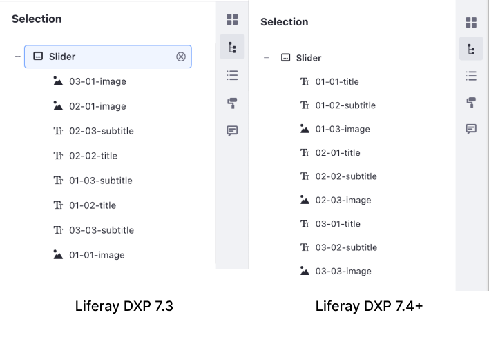 Liferay DXP 7.4+ shows the order of elements in a Fragment in order.