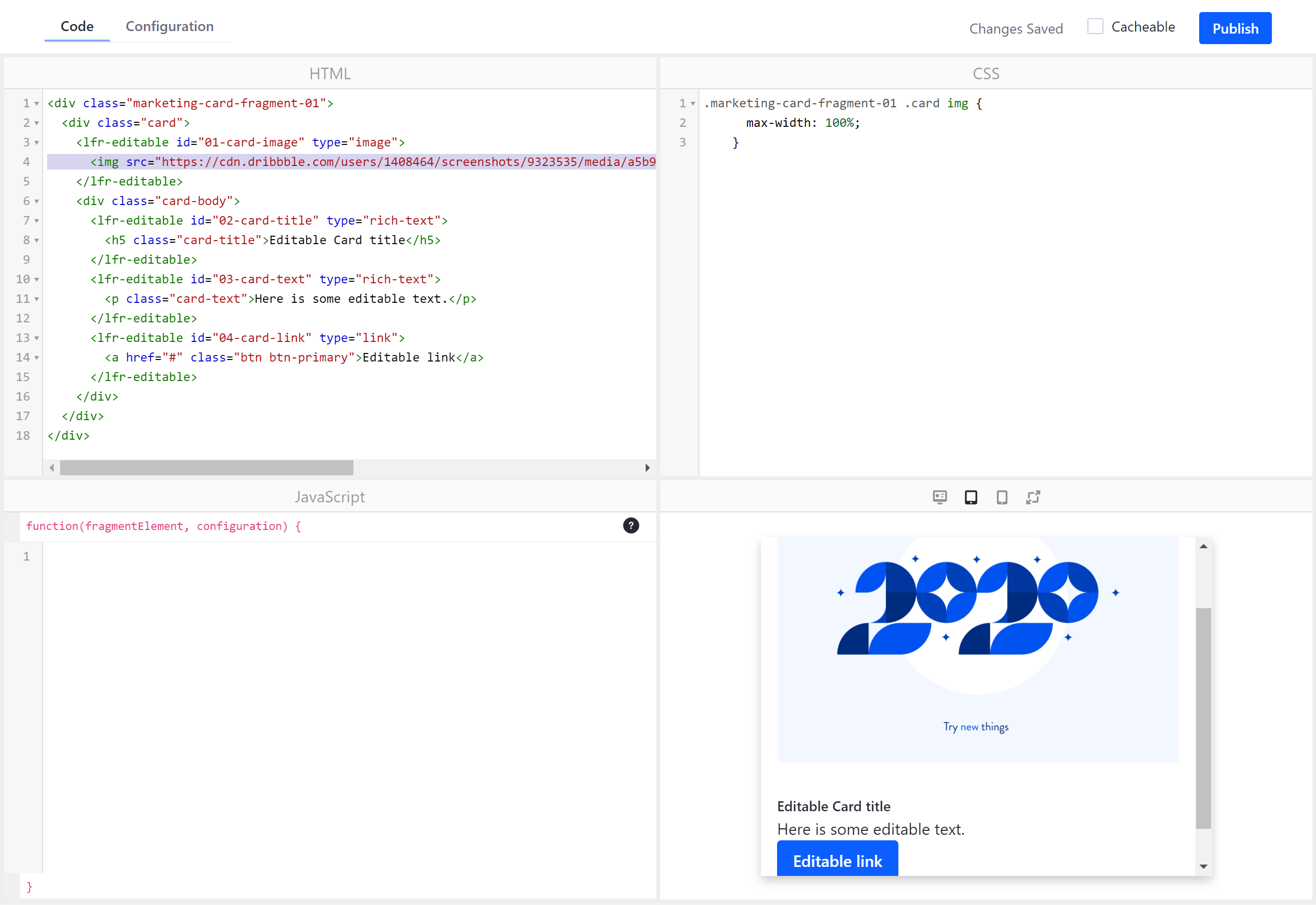 Add HTML, CSS, and Javascript resources to the fragment and see a live preview.