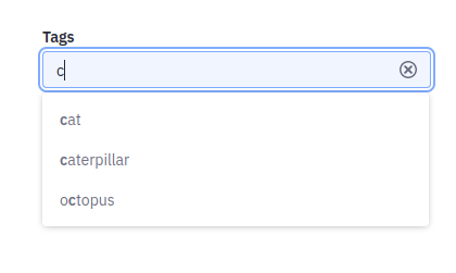 The Tags filter type presents a search bar with autocomplete that displays available tags.
