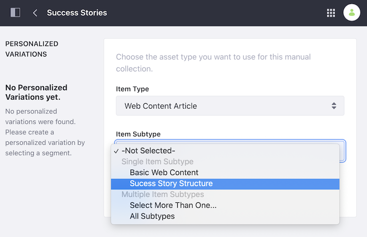 Configure the content Type and Subtype for the Manual Collection