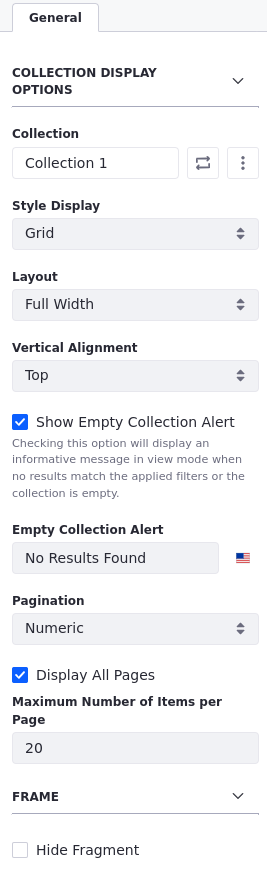Click a collection display fragment with a configured collection to reveal more configuration options.
