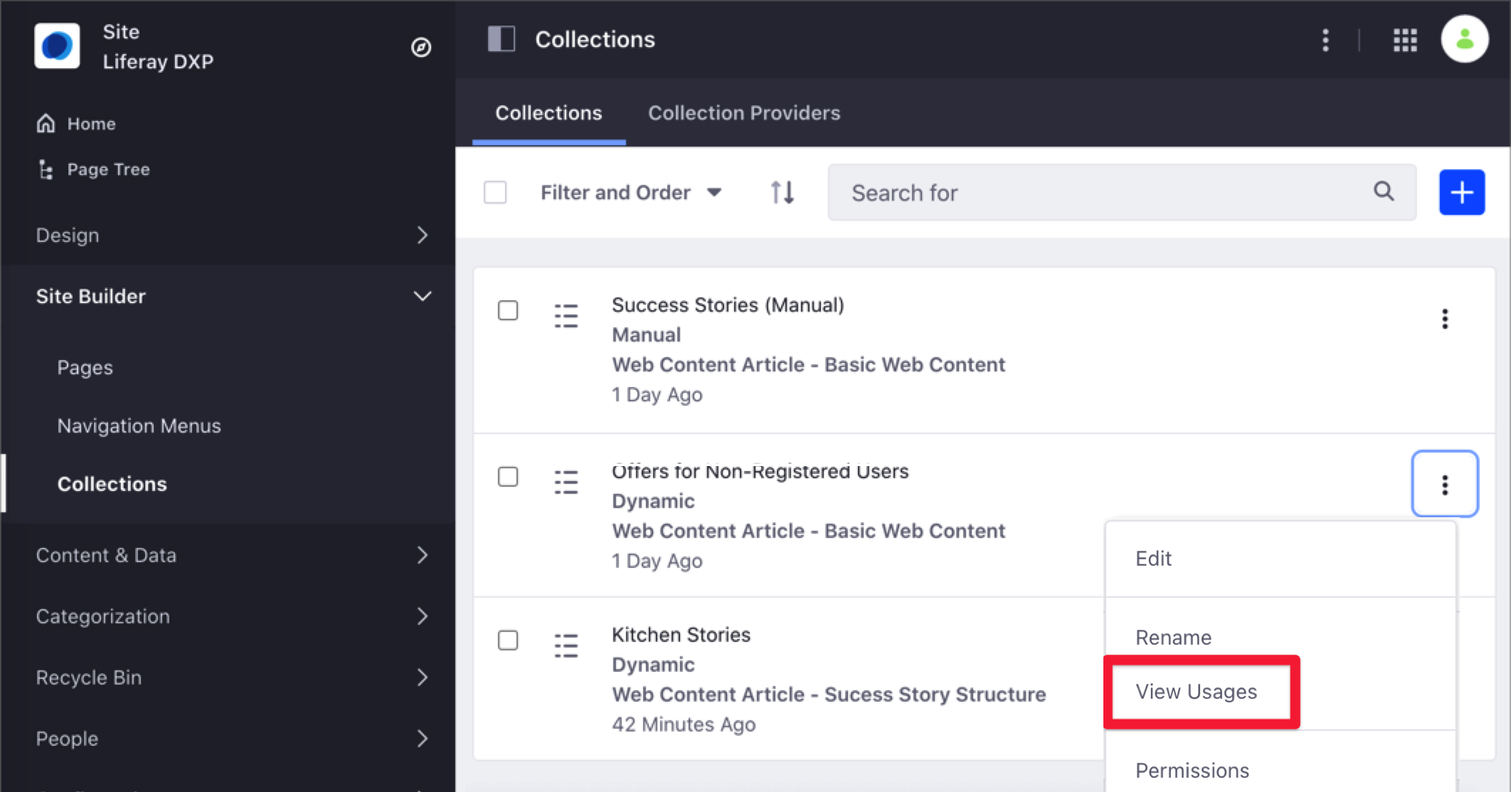 Select View Usages to understand how your collections are being used through the site