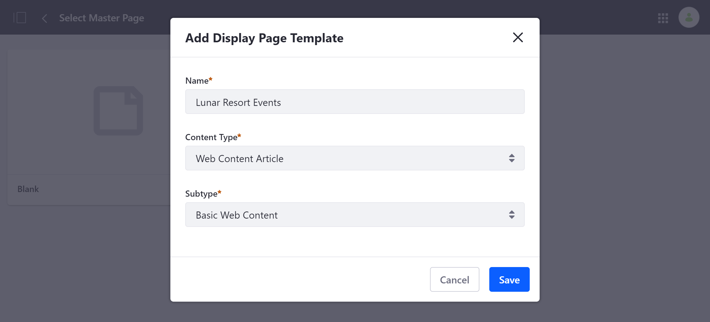 Select the content type and subtype for your new template.
