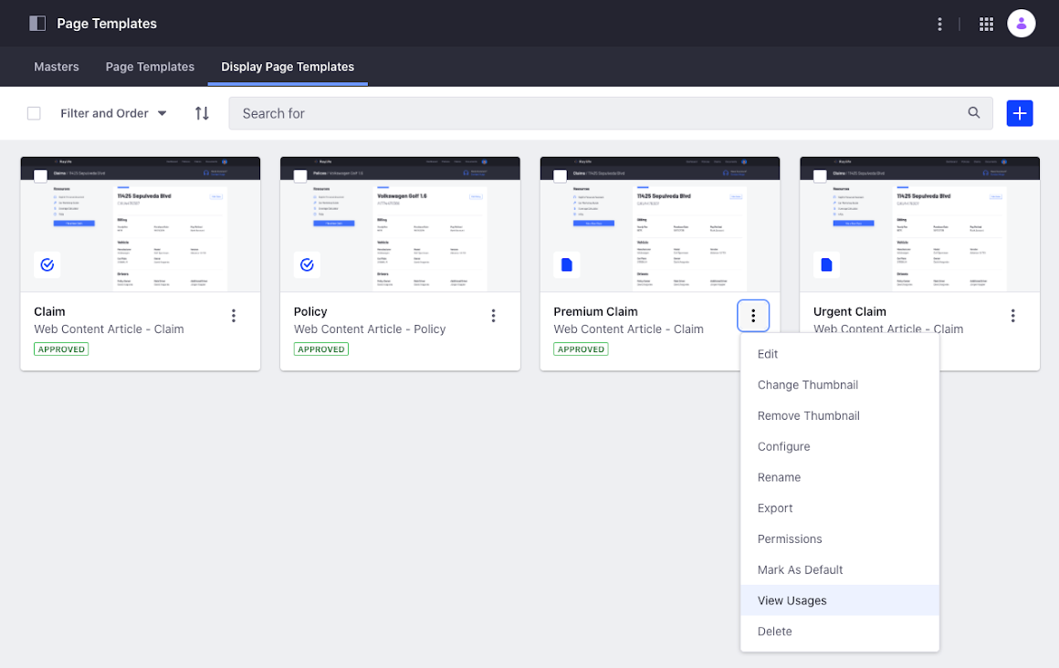 Managing your display page template using the Actions menu