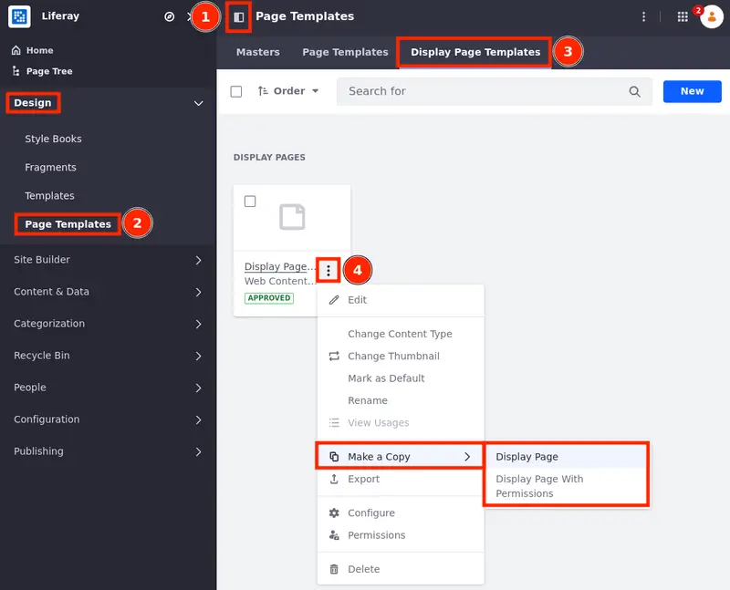 Use the actions menu to make a copy of your published display page template.