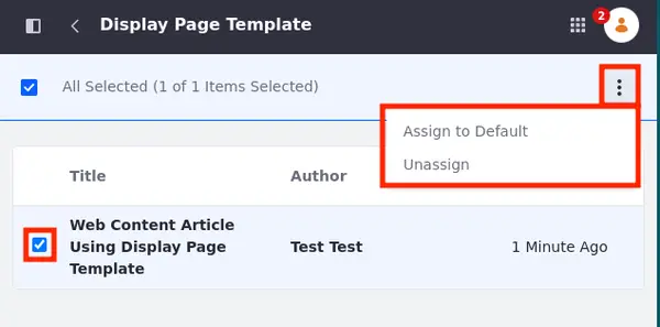 While viewing the display page usage, you can assign an asset to the default display page template or unassign the display page template.