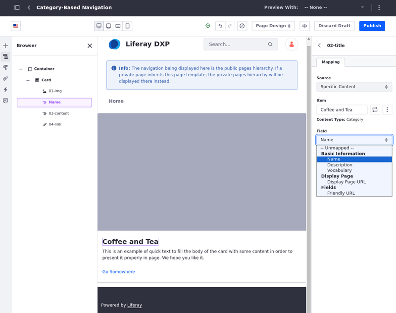 Map the category fields in the display page template using a card fragment.