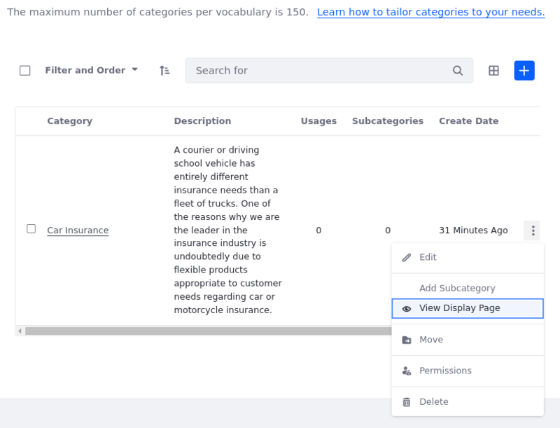 Open the display page for one of the categories using Actions option.