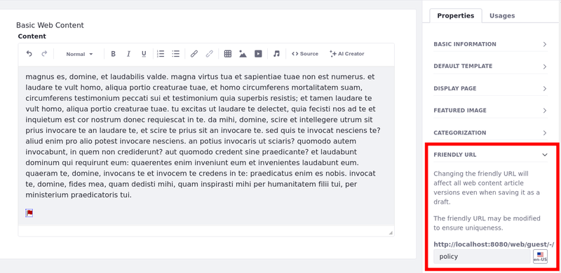 You can configure the friendly URL used for your displayed content.