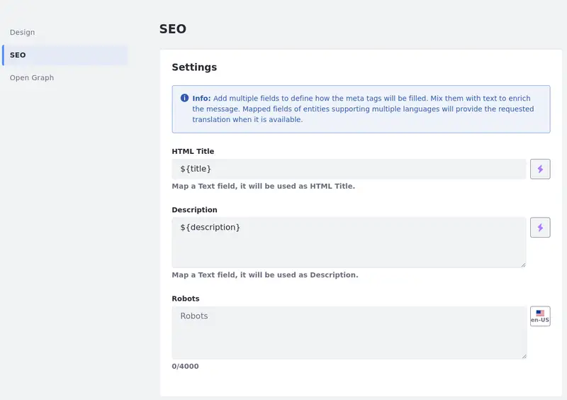 SEO configuration page for the display page template.