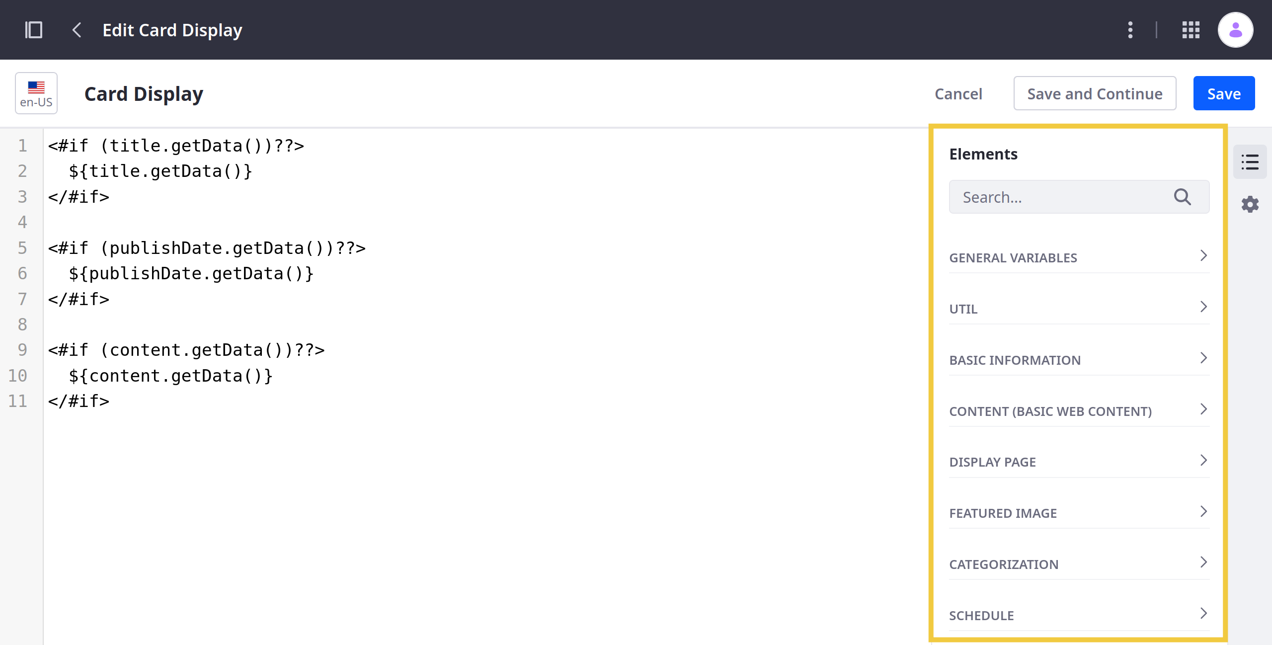 Design your template using FreeMarker and available fields in the Elements side panel.