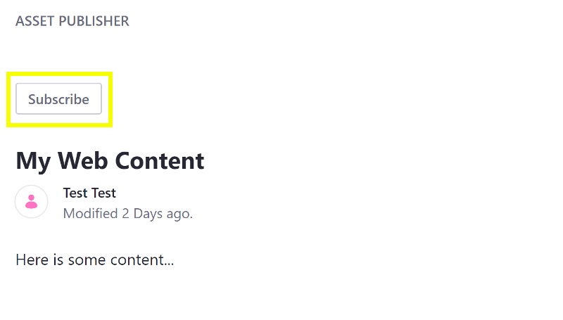 Enabling Email Subscription adds a Subscribe link to the Asset Publisher.