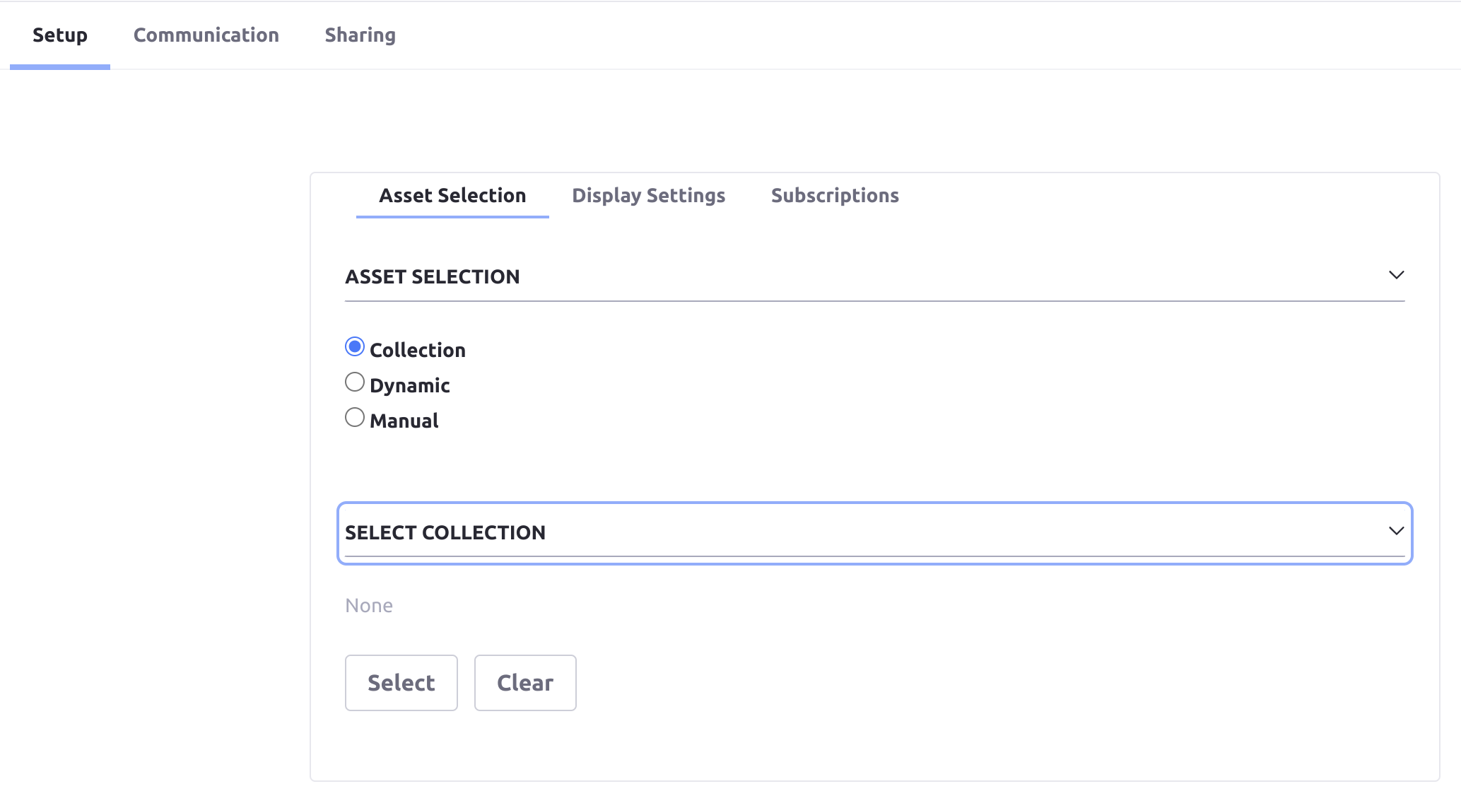 You can configure an Asset Publisher widget to use the Collection, Manual, or Dynamic methods of retrieving assets to display.
