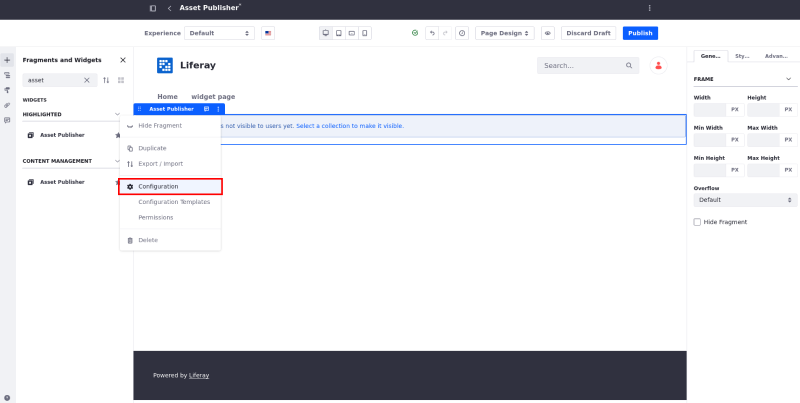 You can configure an Asset Publisher widget to use the Collection, Manual, or Dynamic methods of retrieving assets to display.