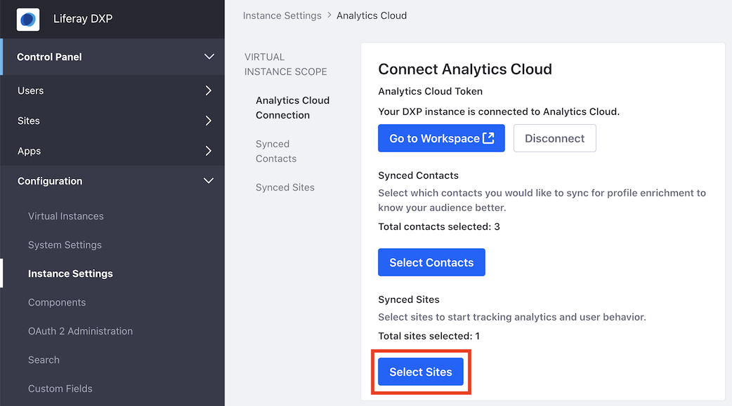 Selecting the Site in the Liferay DXP configuration for Analytics Cloud