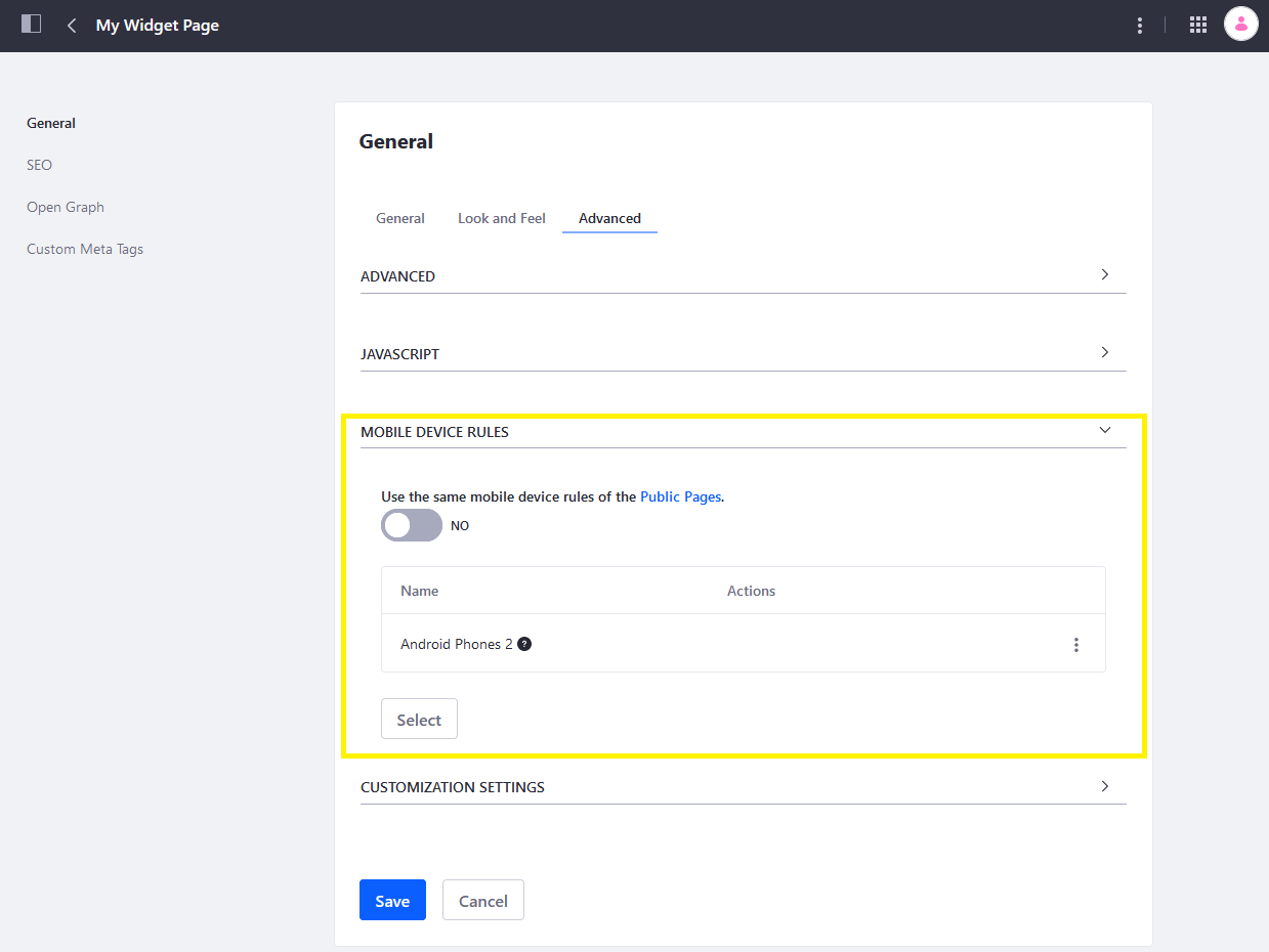 Use a different Mobile Device Rule on a page than the parent Site.