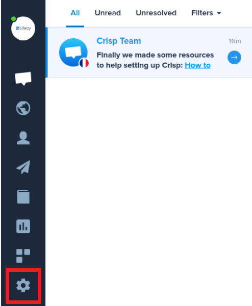 Click the Cog in side navigation bar to access your Crisp account settings.