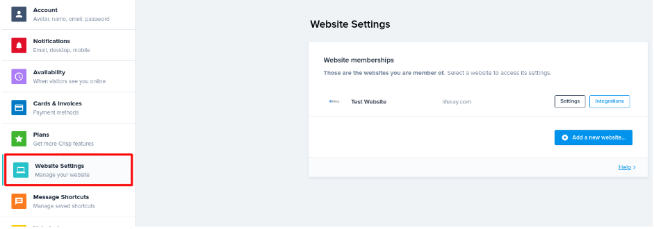 Click on Website Settings to choose which website you want to connect to your Liferay instance.
