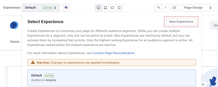 Open the Experience drop-down menu and click New Experience.