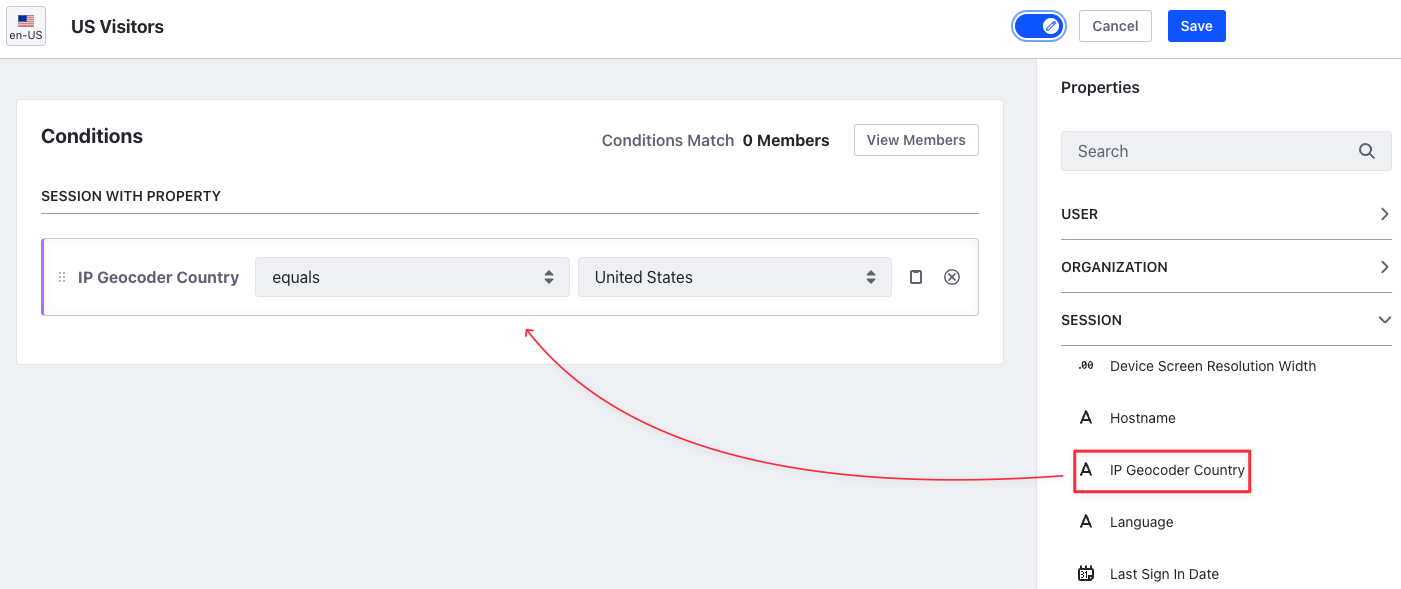 Use the IP Geocoder Country session property to create a Segment by geolocation.