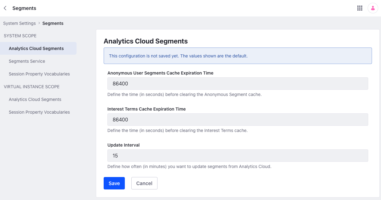 Analytics Cloud Segmentsの設定を表示・設定します。
