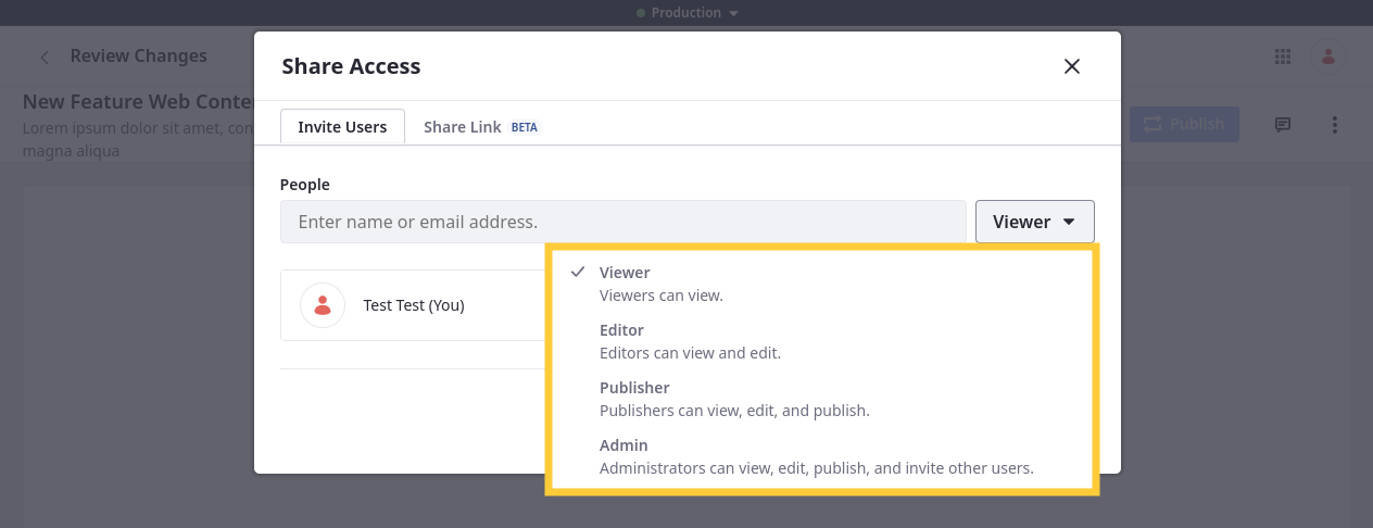 Use the drop-down menu to determine the users permissions for the publication.