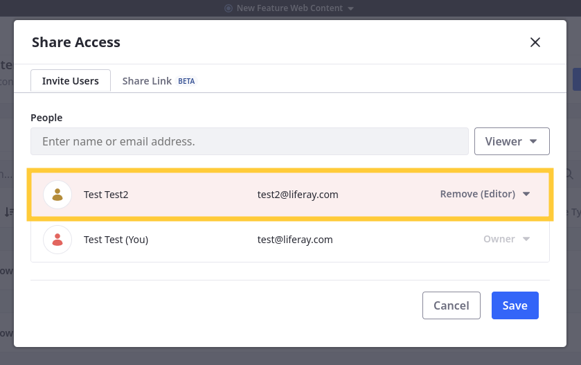 Open the permissions drop-down menu and select Remove.