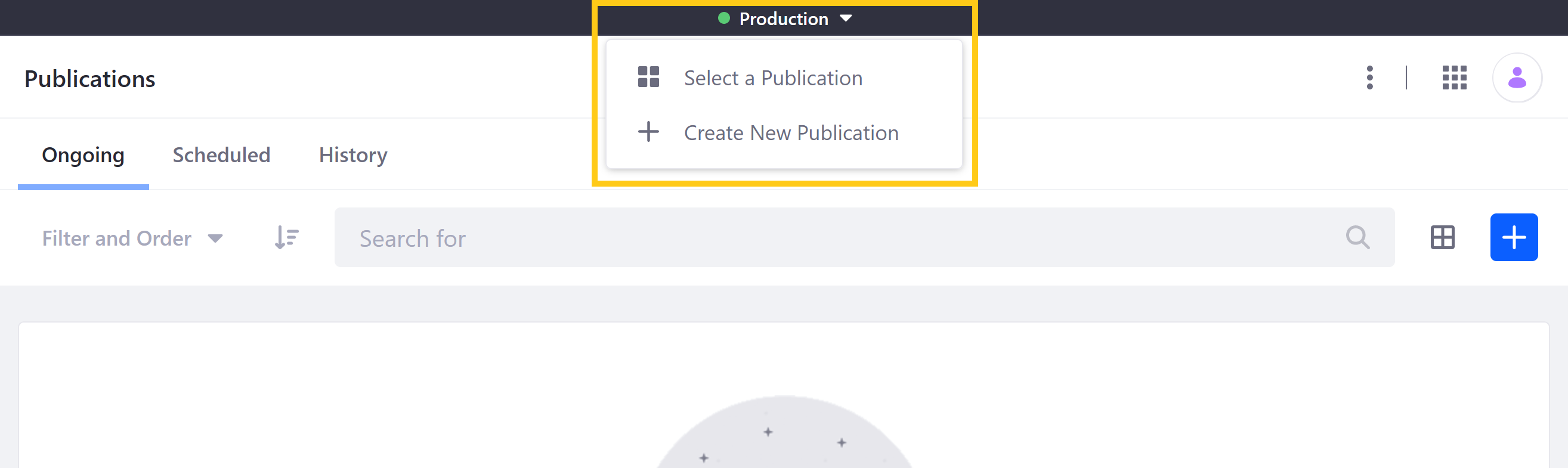 Access the drop-down Publications bar menu from anywhere in your DXP instance.