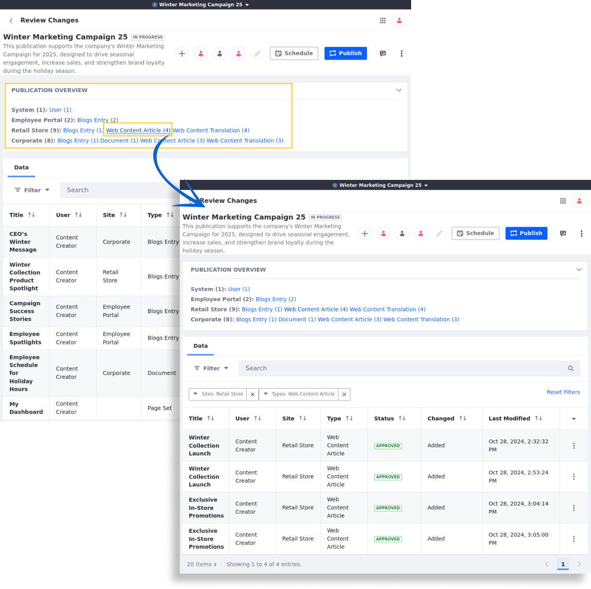 Select a change to view more details and access additional actions.